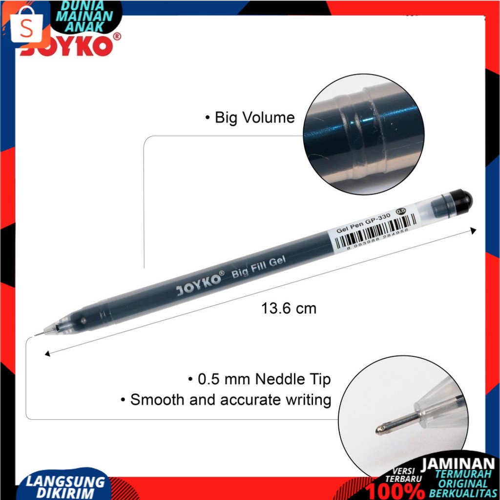 Gel Pen Pulpen Pena Joyko GP-330 Big Fill Gel 0.5 mm 1 pak ( isi 12 Pcs)