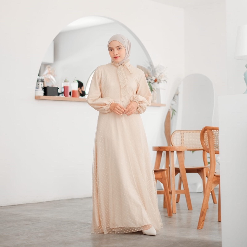 Delina Creamy Dress ( Gamis lebaran dress lebaran cream nude )