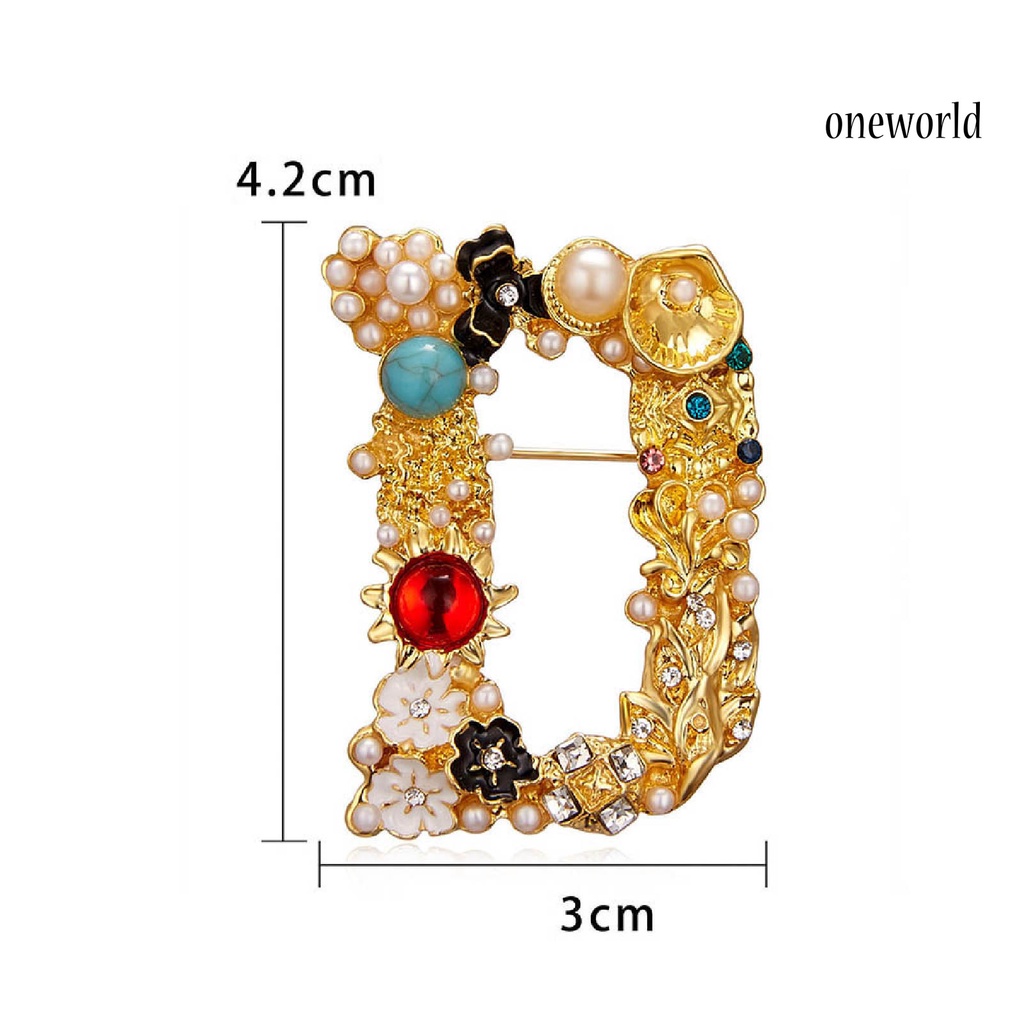 OW@ Enamel Brooch Pin Muti-Color Fashion Letter Shape Women Rhinestone Faux Pearl Brooch Pin for Party