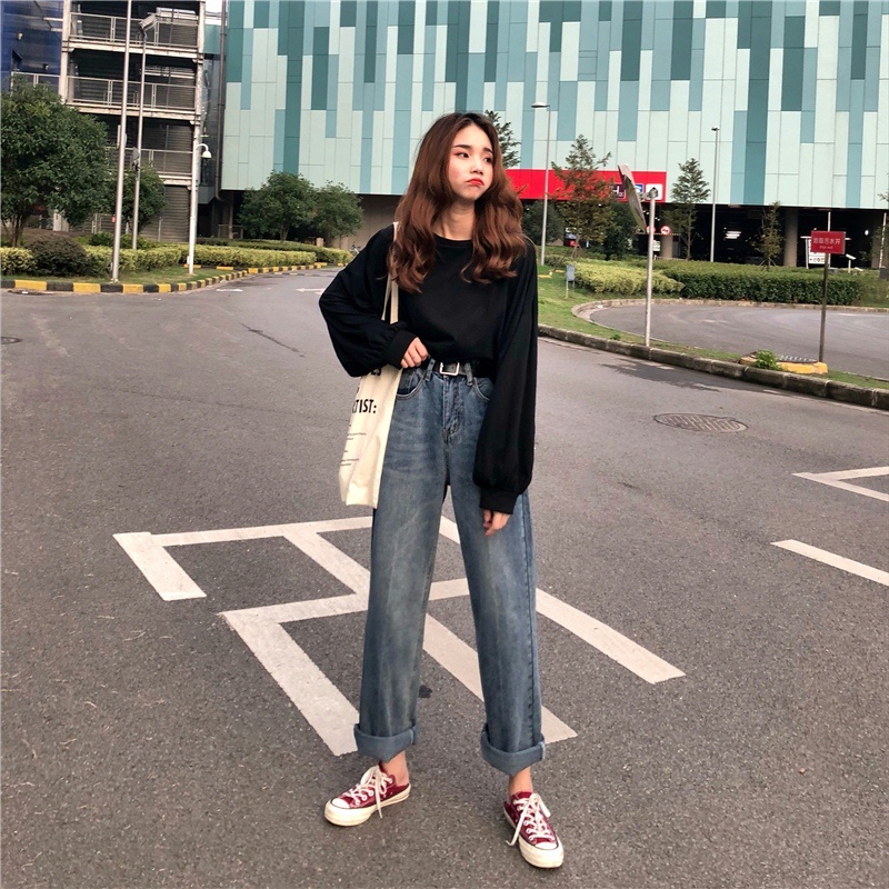 MOOGU ♡ Retro longgar celana jeans wanita celana panjang