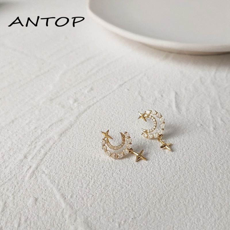 2 Pcs Korea Gaya Berlian Bintang Dan Bulan Anting-Anting Pejantan Wanita Fashion Aksesoris Hadiah ANTOP