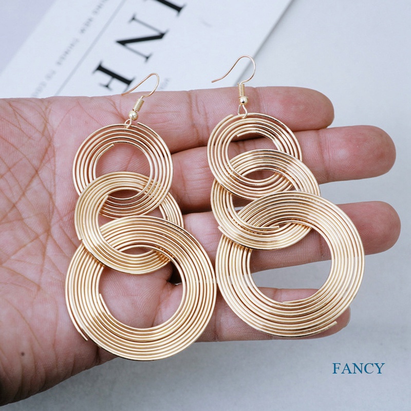 Anting Tusuk Gantung Bahan Metal Desain Geometri Gaya Retro Untuk Wanita