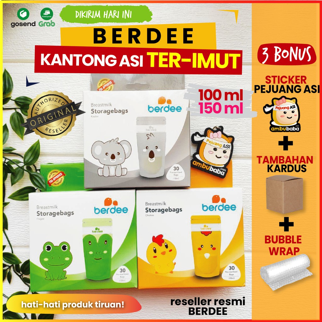 BERDEE Kantong Asi Breastmilk Bag Storage 100 ml dan 150 ml Lucu Pink Biru Kuning Hijau Abu