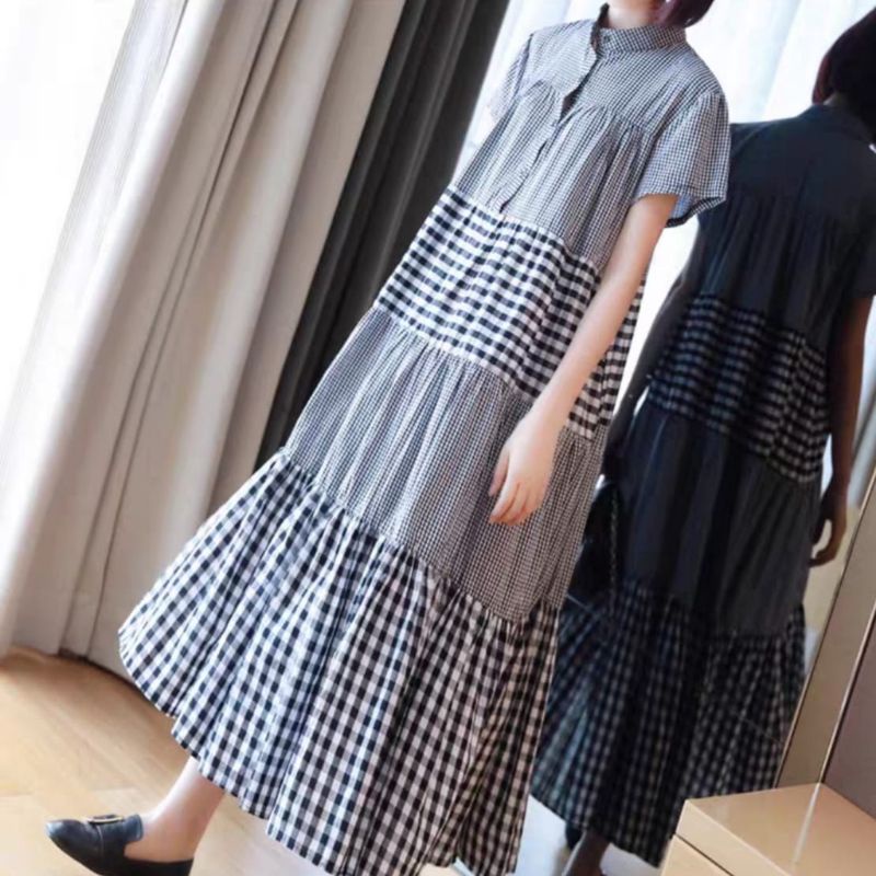 88610 Fashion Baju Pakaian Dress panjang rempel lengan pendek motif kotak kotak dan garis salur lehe