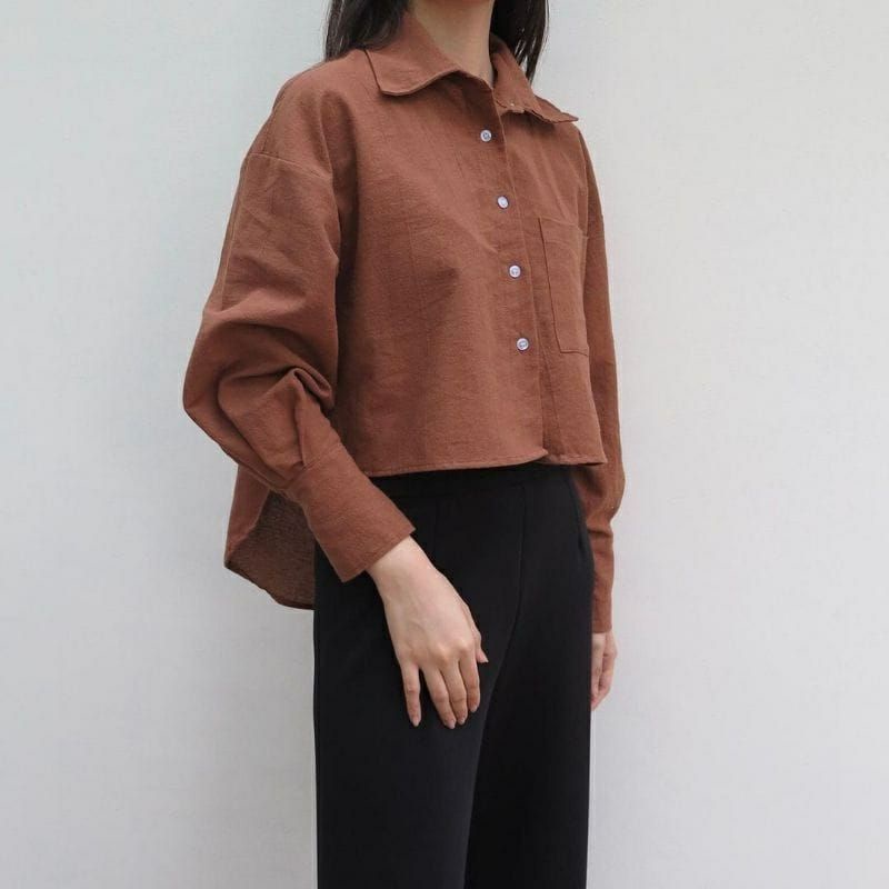 Davi Kemeja Crop -Linen Crinkcle - Kemeja Crop Wanita - Kemeja Oversize Wanita -Lengan Panjang - Atasan Wanita- Kemeja Wanita