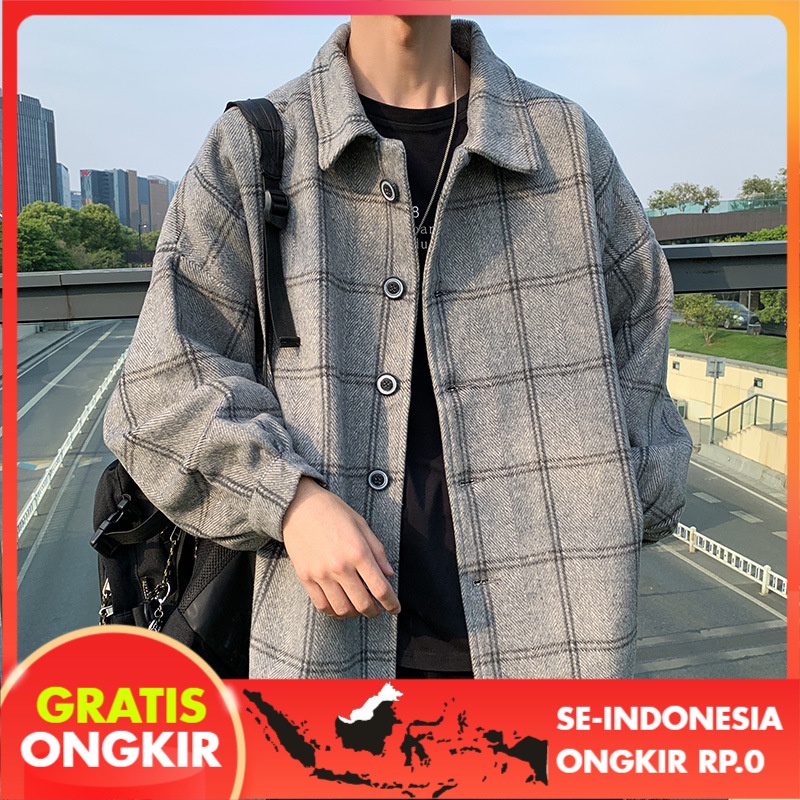 Kemeja Pria Korea Kotak-kotak Mantel Wol Pria Tren Wol Mantel Casual