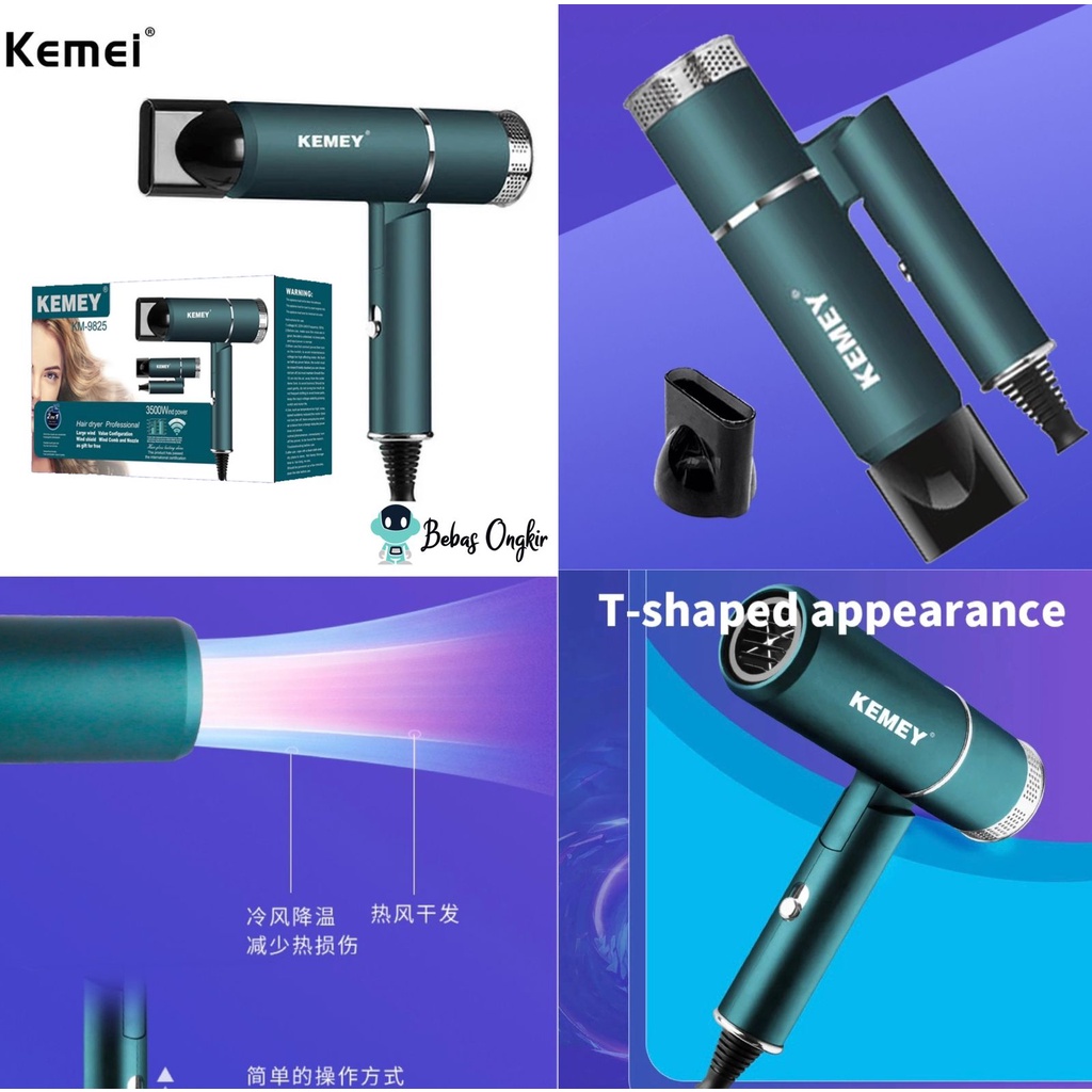 Hair Dryer Alat Pengering Rambut Kemey Lipat Elektrik Professional 2 in 1 Panas Dingin Cool Hot Travel Kemei KM 9825