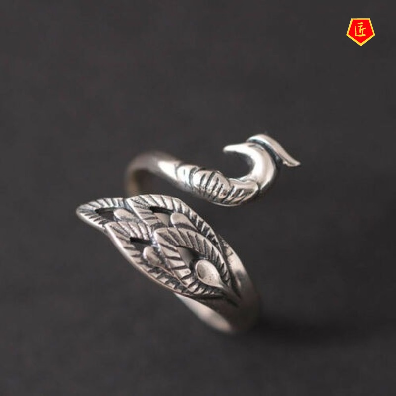 [Ready Stock]Creative Retro Winding Silver Black Peacock Ring