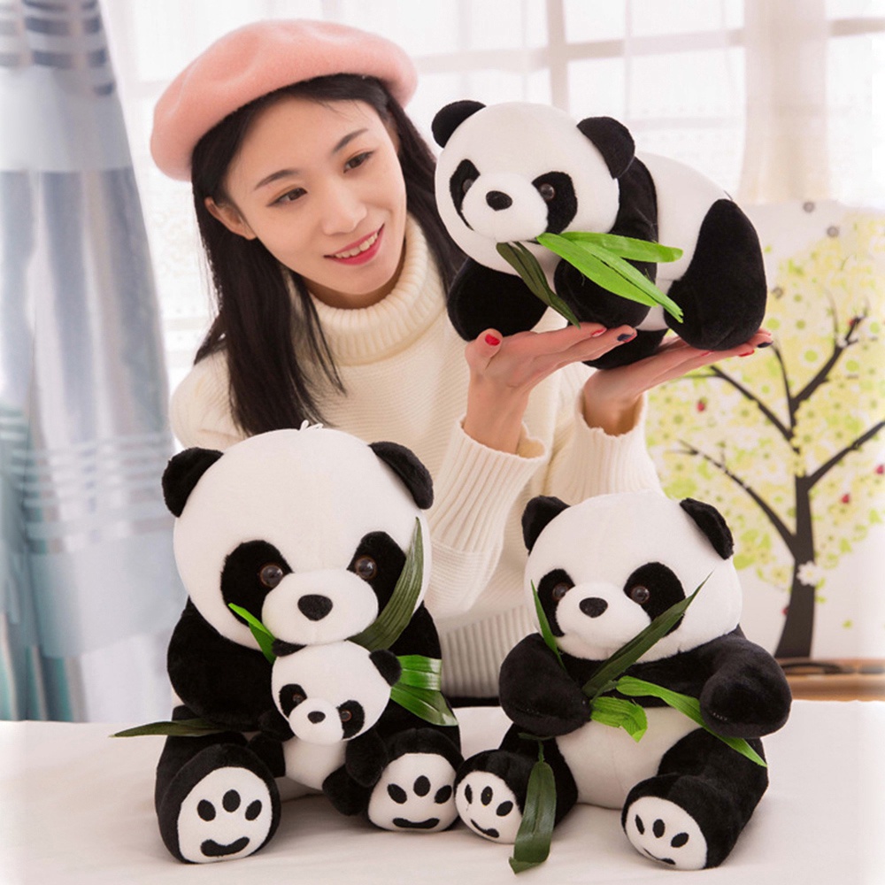 Boneka panda ukuran size jumbo mini besar kecil berbulu kasar gigit bambu murah / Boneka panda bambu