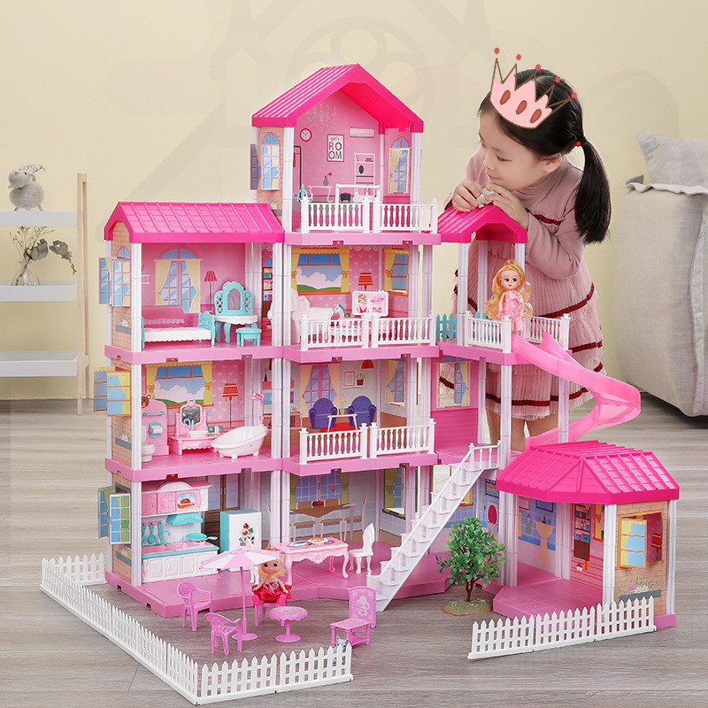 162 Buah Permainan Anak-anak Rumah Mainan Rumah Boneka Villa Kastil Putri Setelan Gadis simulasi Dirakit Rumah DIY Hadiah/Mainan Dream Castle Rumah Boneka DIY