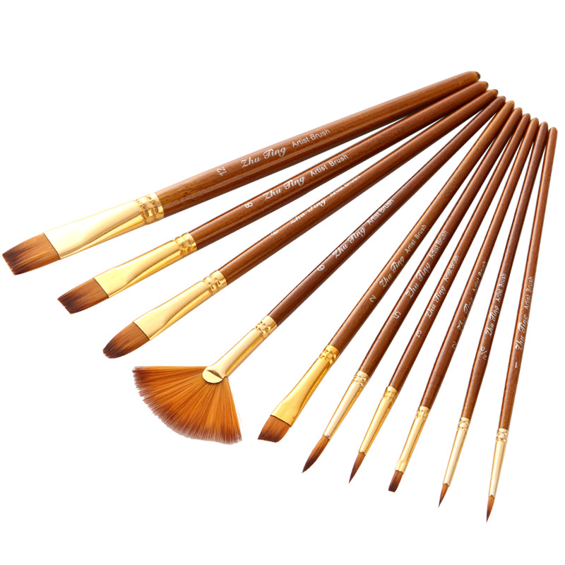 10Pcs/set Professional Nylon Hair Paint Brush Watercolor Acrylic Wooden Handle Painting Brushes Art Supplies