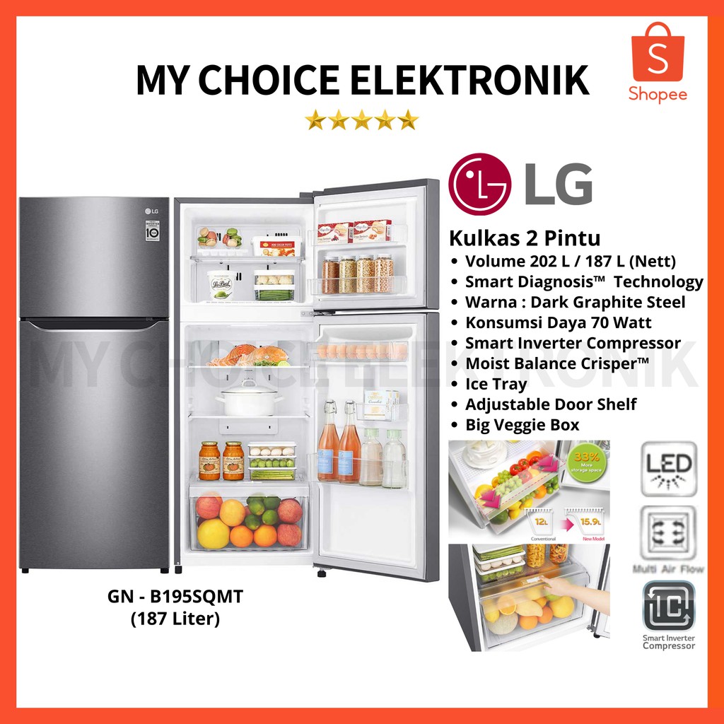 LG Kulkas 2 Pintu Inverter GN-B195SQMT (187 L) - Graphite Steel