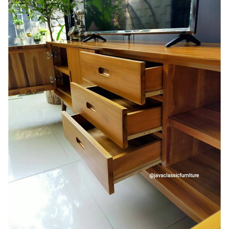 BUFET TV CABINET RETRO MINIMALIS VINTAGE CUSTOM PANJANG 2 METER BUFFET DRAWER PAJANGAN RUANG TAMU NATURAL MURAH BAHAN KAYU JATI GRADE A FURNITURE JEPARA-5