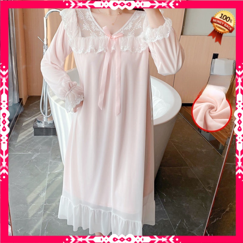 Baju Tidur Wanita Dewasa Import Winter Velvet Princess Sleepwear Women Lolita Night Dress Victorian 