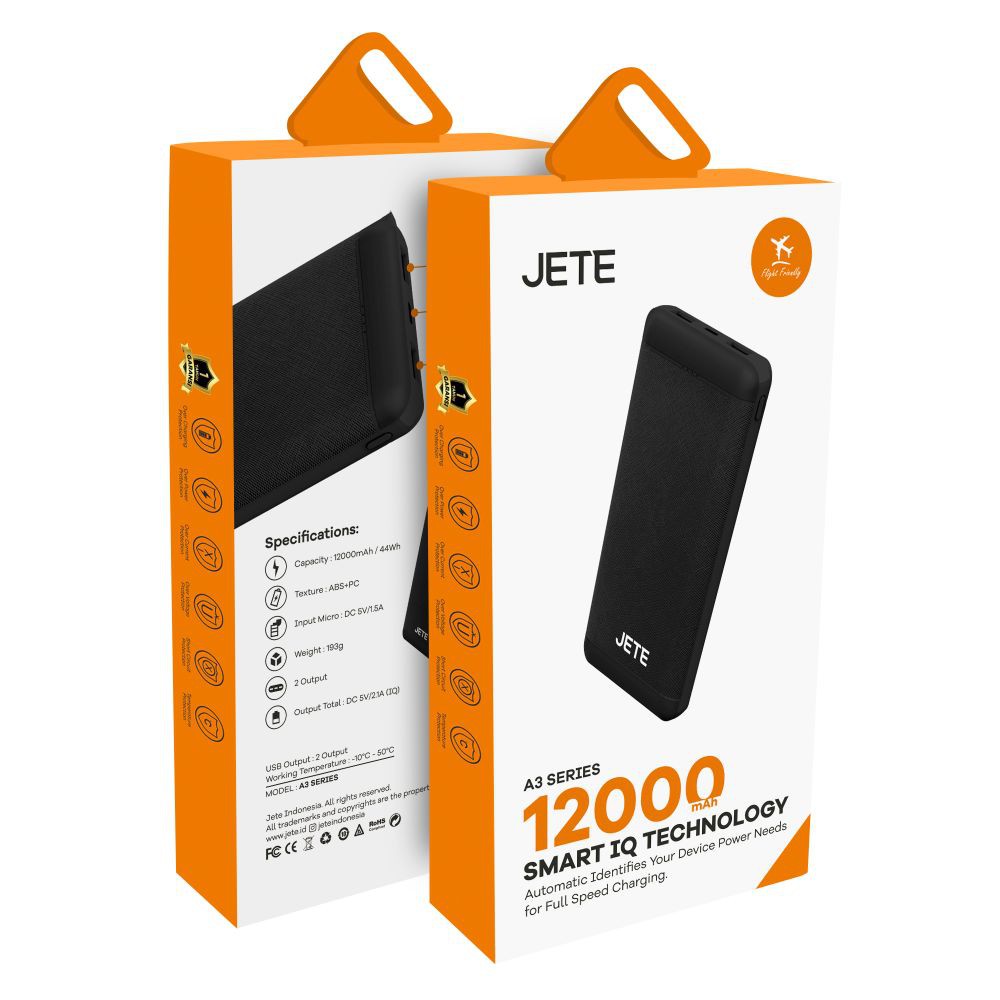 POWERBANK JETE-A3 SERIES REAL 12000 MAH 2 OUTPUT SMART IQ TECH MURAH