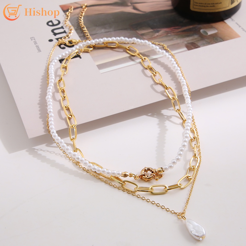 3pcs / set Kalung Choker Rantai Emas Dengan Liontin Mutiara Gaya Vintage Untuk Wanita