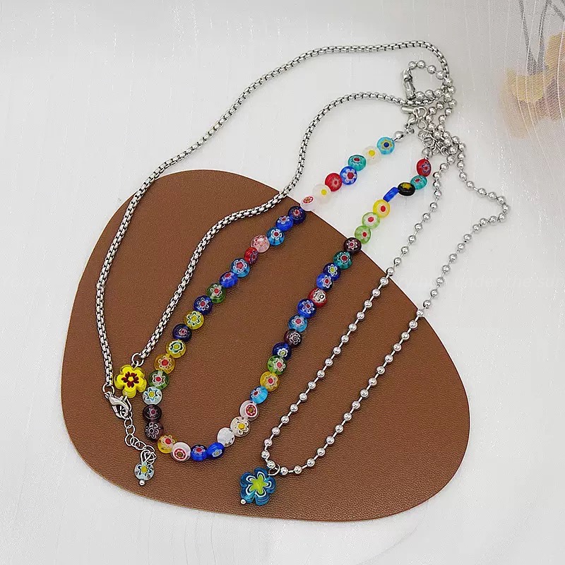 3PCS/Set Colorful Glass Beaded Flower Stacking Necklace Hip Hop Clavicle Chain