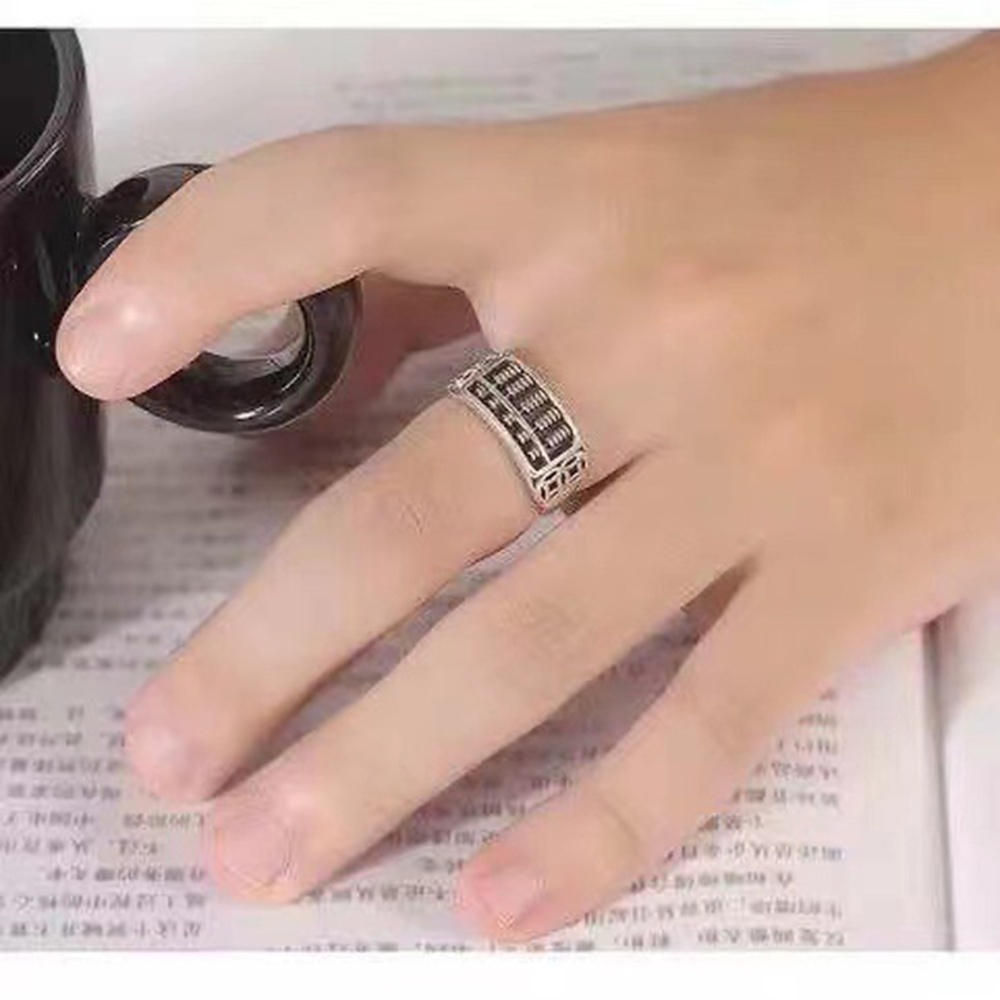 Cincin Model Terbuka Desain Sempoa Warna Silver Gaya Retro Untuk Pria Dan Wanita