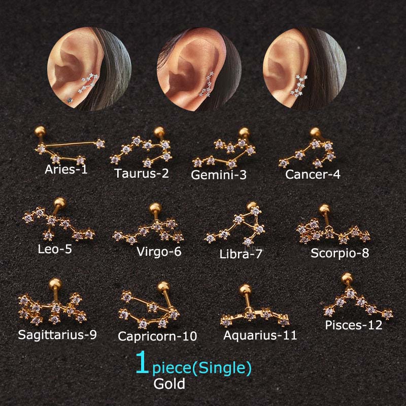 1piece Twelve Constellation Cartilage Helix Rook Lobe Screw Back Stud Earring 20g Stainless Steel