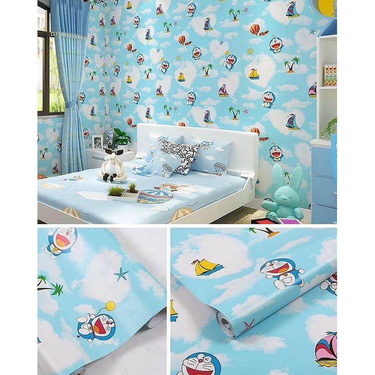 Promo Terbaru..>> Wallpaper Sticker Roll /dinding /tembok /motif doraemon biru selalu ready..