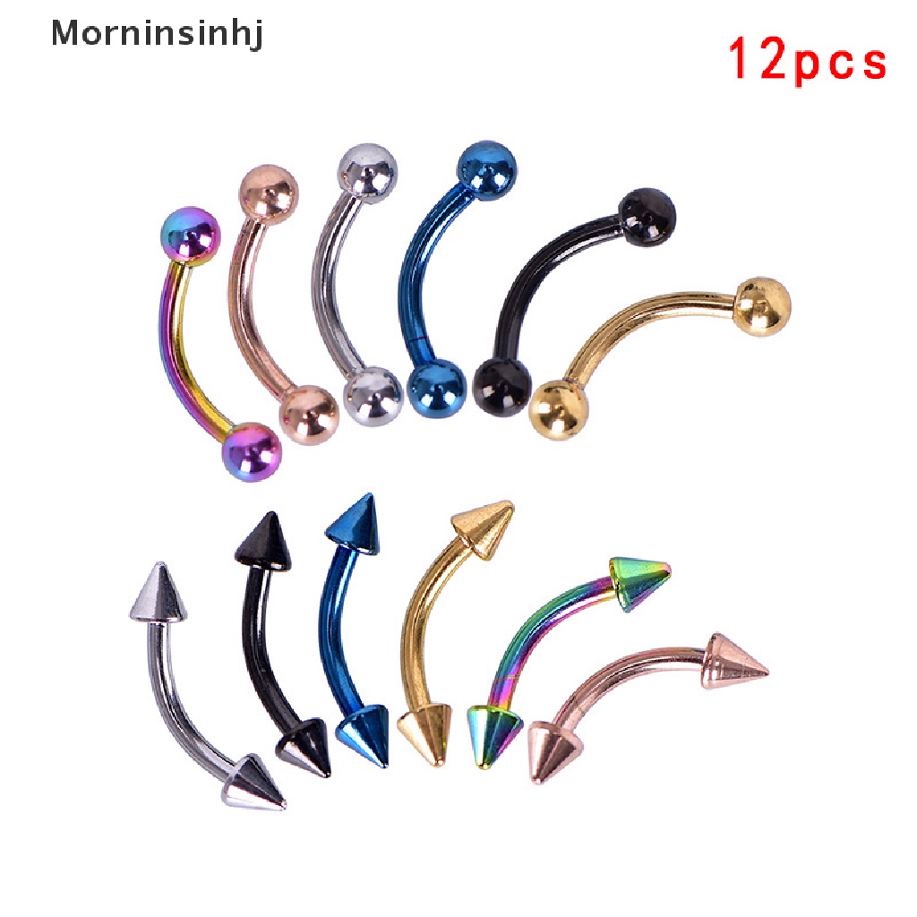 Mornin 12Pcs / Set Anting Tindik Alis / Bibir / Tubuh Model Barbel Lengkung Untuk Wanita