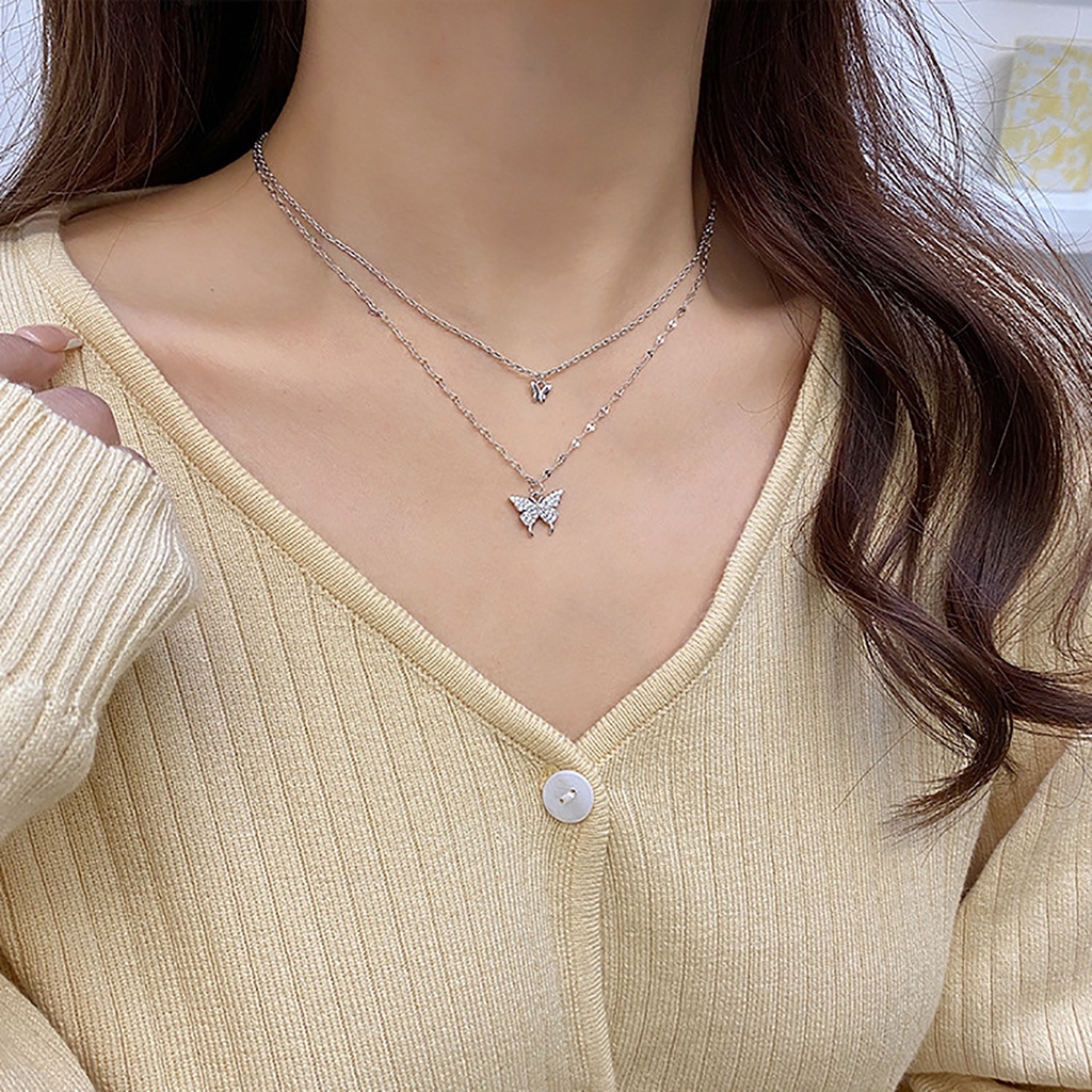 Hu Hu Hu Hu Hu Alat Bantu Pasang Kacamata♡ Butterfly Kalung Rantai Klavikula Liontin Kupu-Kupu Lapisan Ganda Bahan Alloy Tahan Karat Untuk Wanita