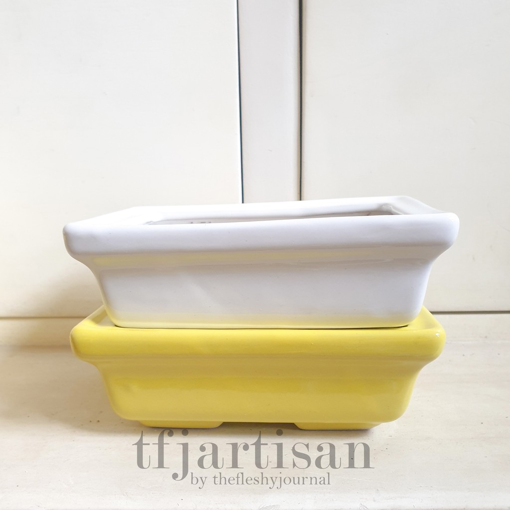 CHOKKAN- POT KERAMIK KOTAK BONSAI PUTIH SUKULEN MINI 13,5 x 9,5 CM TERRACOTTA TANAH LIAT TFJARTISAN