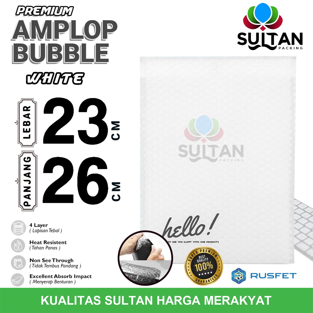 AMPLOP BUBBLE MAILER 23x26cm WHITE WRAP ENVELOPE RUSFET SATUAN PUTIH