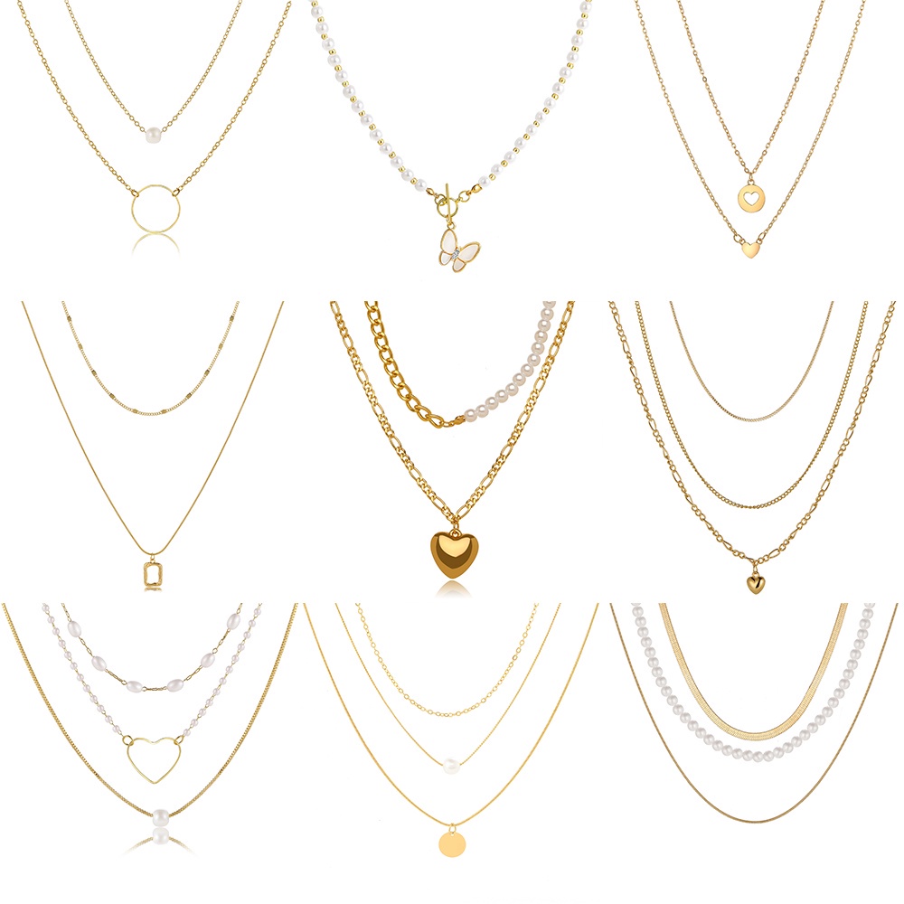 AY(CN) Kalung Choker Rantai Banyak Lapis Dengan Liontin Kupukupuhatikunci Warna Emassilver Retro Untuk Wanita ​Perhiasan Aksesoris Untuk Wanita