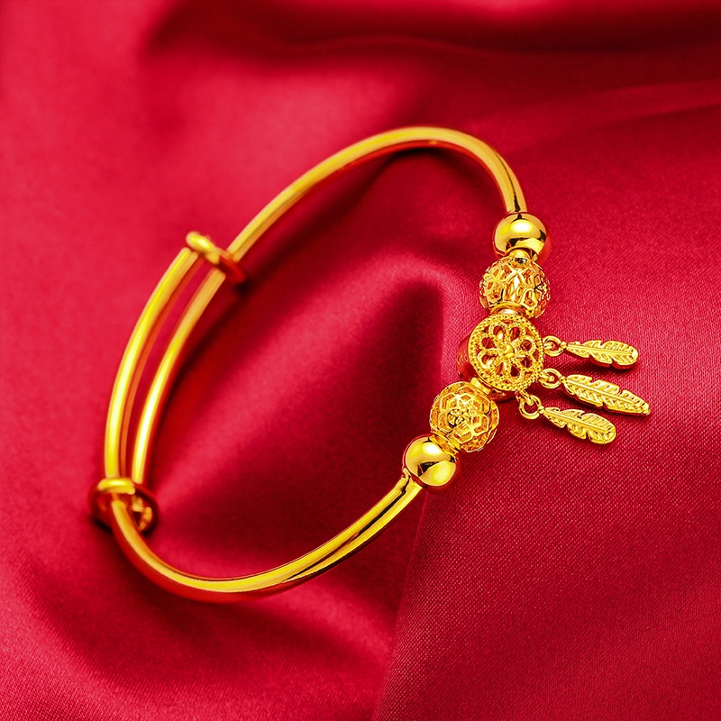 Gelang Manik-Manik Lapis Emas Bahan Kuningan Bentuk Bulu Bunga Gaya Retro Untuk Wanita