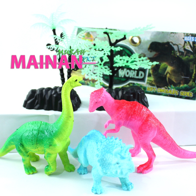MAINANKEI MAINAN ANAK MURAH HEWAN DINO ISI 3 WORLD OCT1219 ANIMAL DINO KARET LEHER PANJANG