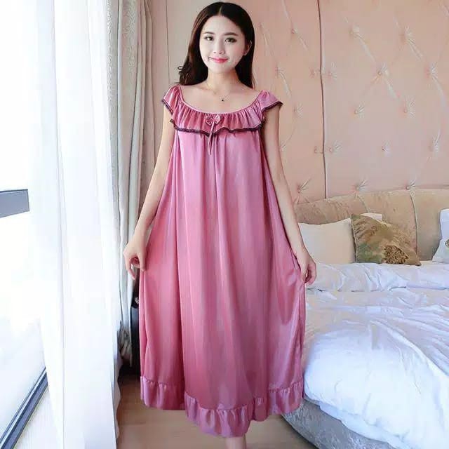 [ RedPink ] Daster Jubah Tidur Homewear Wanita Dewasa Jumbo Premium Import Deep Renda Hitam Lengan P