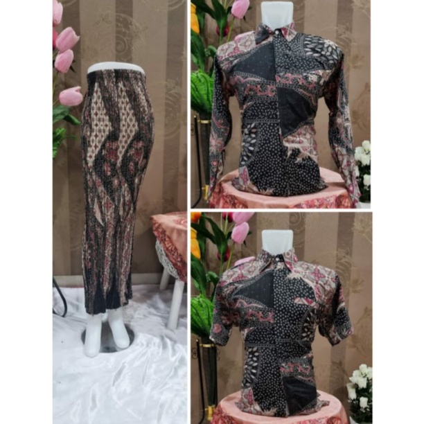 (COD) Couple Rok Prisket & Kemeja Batik - Motif SR Maroon