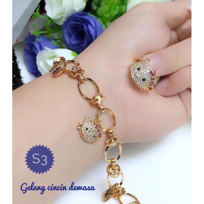 (FEB) PROMO Set Perhiasan DEWASA Lapis Emas Xuping Gelang Cincin Hello Kitty Silver Gold Titanium