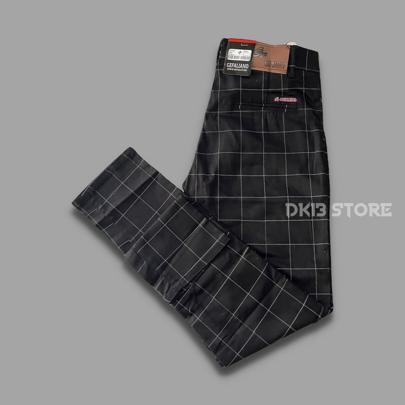 Celana Panjang Tartan Pria Slim Fit Original Gefaliano Warna Hitam Katun Twill Strecth 28-33