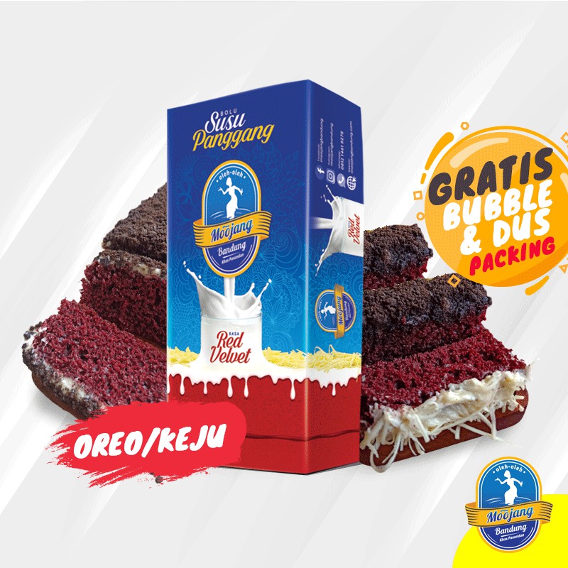 [KHUSUS P. JAWA] Bolu Susu Panggang Red Velvet Moojang Bandung Topping Fla Susu Keju dan OREO Best Seller Redvelvet