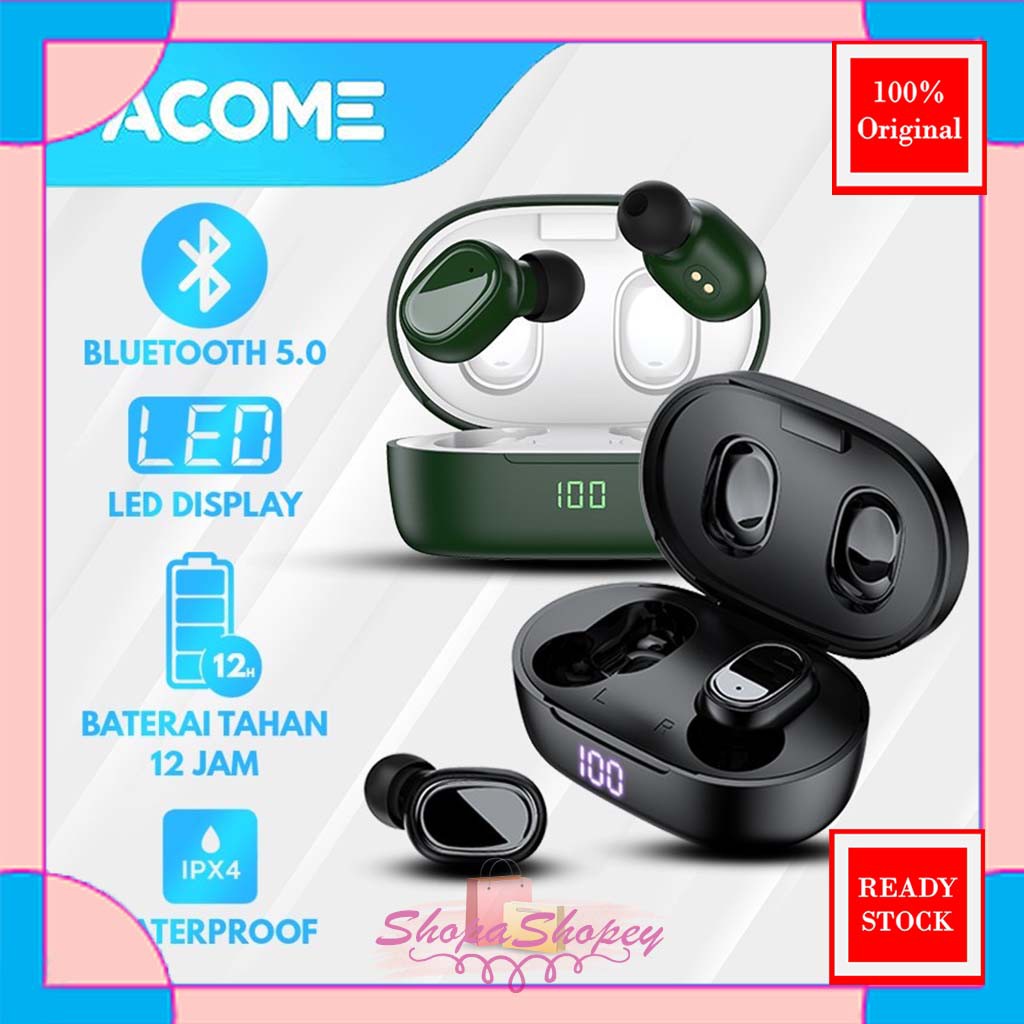 Acome Headset Earphone Bluetooth 5.0 TWS LED Garansi Resmi 1 Tahun Airdots T1