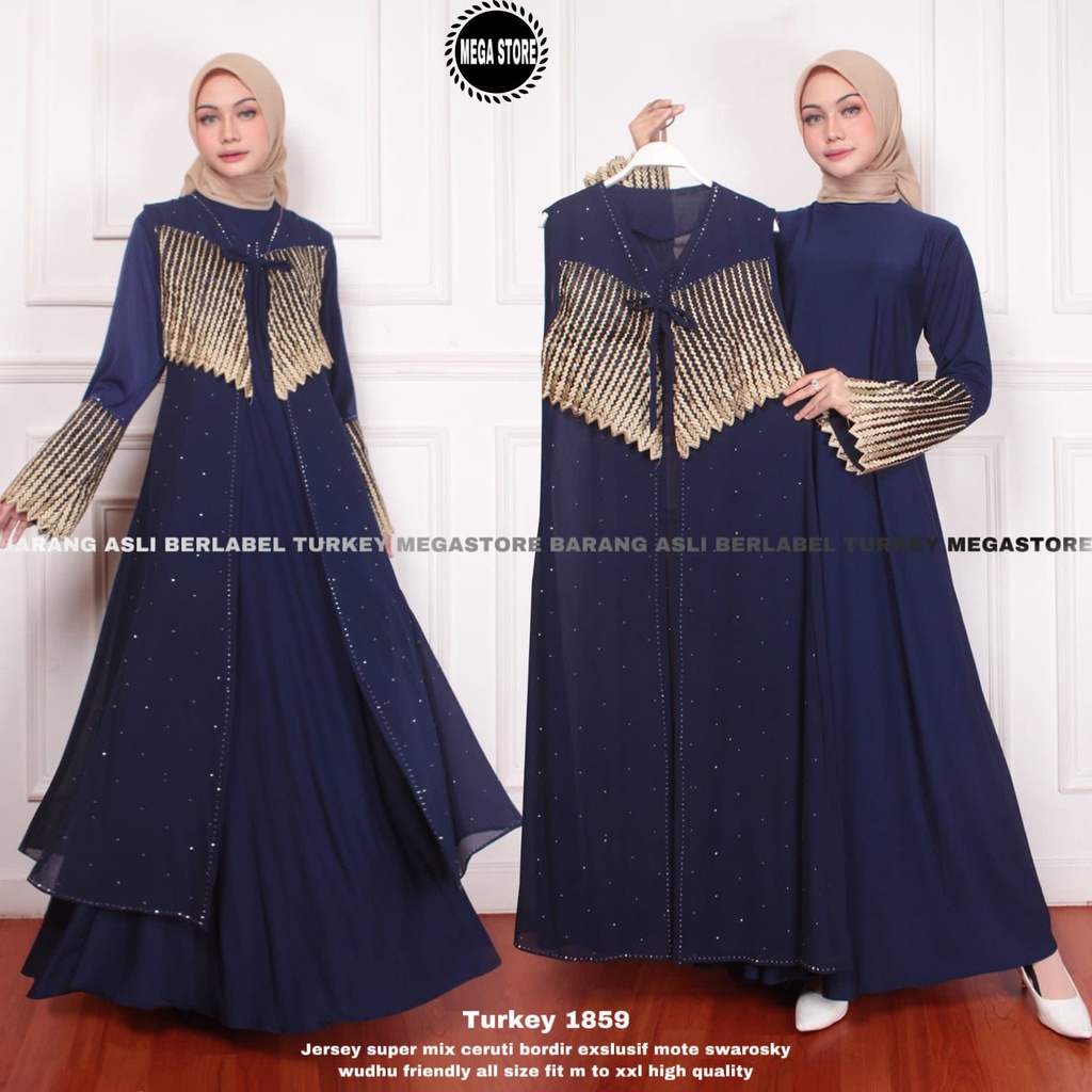 [READY SIAP KIRIM] Abaya Turki Biru Dongker Khas Arab Bordir Eksklusif Jersey Super mix Ceruty Import Gamis Navy Series Syari Inner dan Outer Terpisah Polos Wudhu Friendly Jumbo Turkey 1859 original by Megastore Berlabel