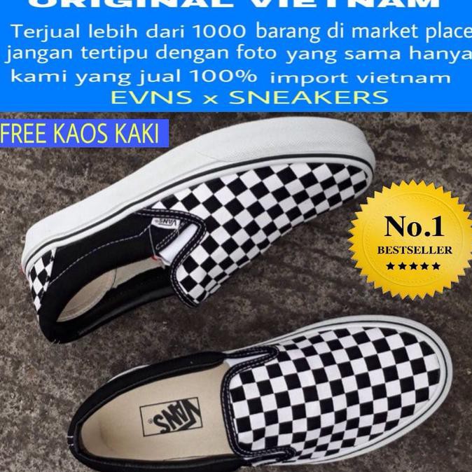 PROMO SEPATU PRIA VANS SLIP ON CHECKERBOARD BW ICC IMPORT | SEPATU IMPORT MURAH