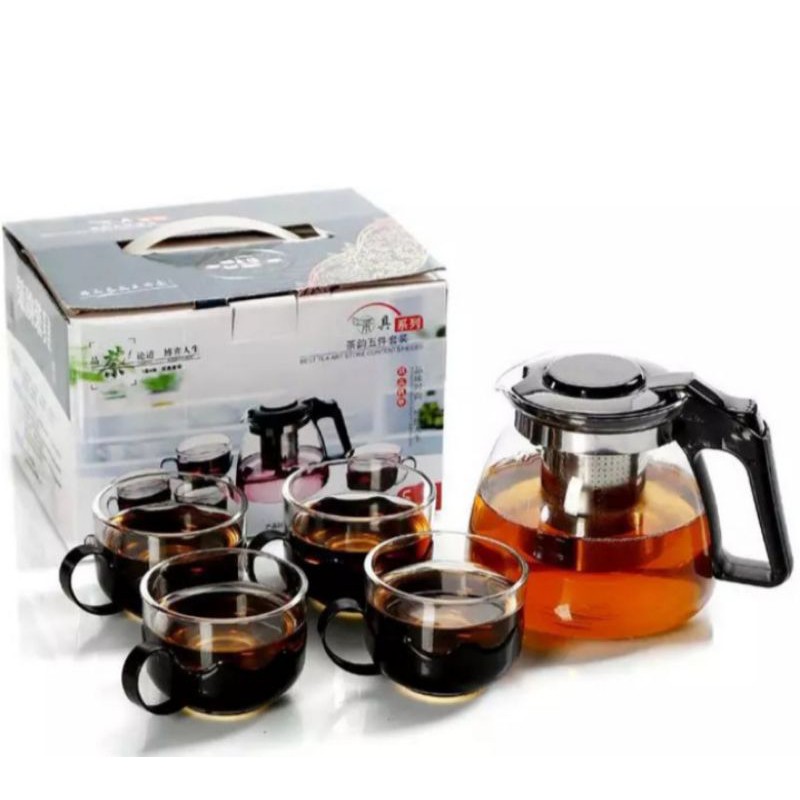 TEA POT HITAM SARINGAN TEKO SET CANGKIR KACA TEA POT GELAS