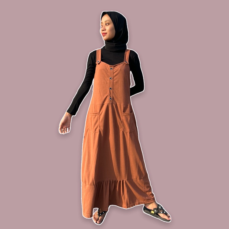 OVERALL DRESS WANITA ROK PANJANG REMPEL BAWAH OVERALL SAKU MURAH BISA COD KEKINIAN OVERALL MUSLIM WANITA