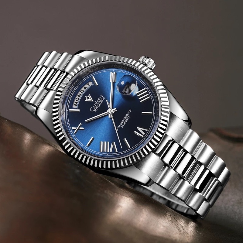 Jam Tangan Cadisen DayDate Angka Romawi Automatic Original Homage Silver Blue