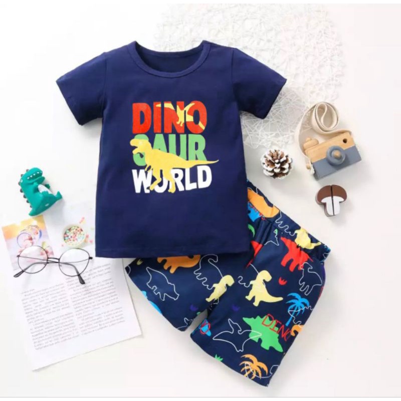 Promo-Setelan Baju Kaos Anak Laki-laki Dan Perempuan Dino World Anak Usia 1-5 Tahun