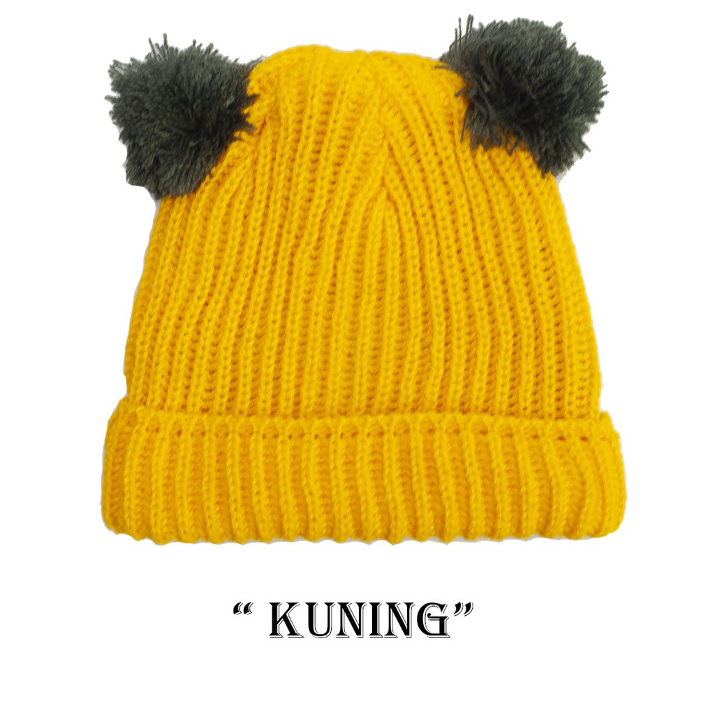 Kupluk Pompom Anak Bayi Cewek Cowok Polos / Bordir Nama Suka Suka-Kuning