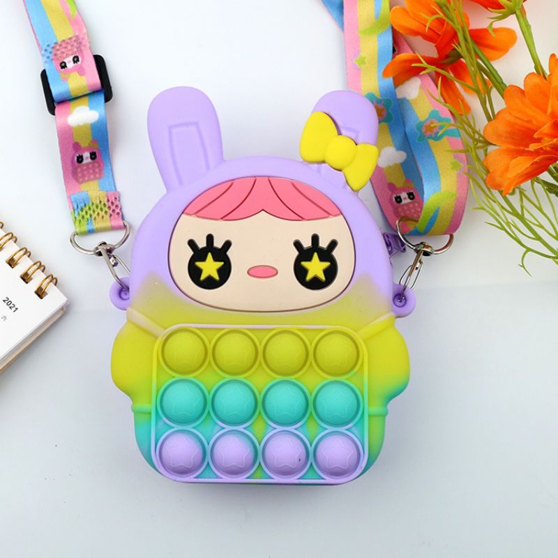 Tas Pop It Sensory Populer Kecemasan Mainan Push Popper Gelembung Bahu Koin Pop Dompet Popping Selempang Gelisah Mainan Hadiah Anak Perempuan-Ungu Rainbow