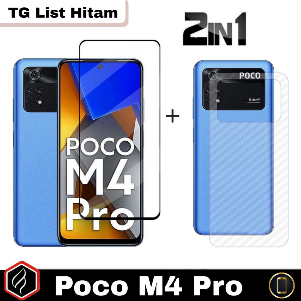 Paket 2 in 1 Anti Gores Layar Xiaomi Poco M4 Pro 4G Tempered Glass Full Cover Free Garskin Carbon | Anti Gores Layar Anti SPY For Poco M4 Pro