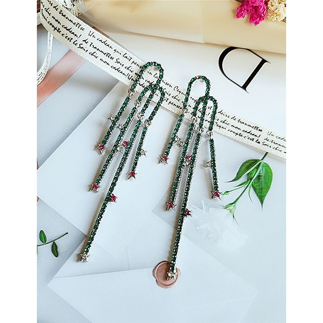 LRC Anting Tusuk Fashion Green Alloy Star Studded Tassel Earrings D28737