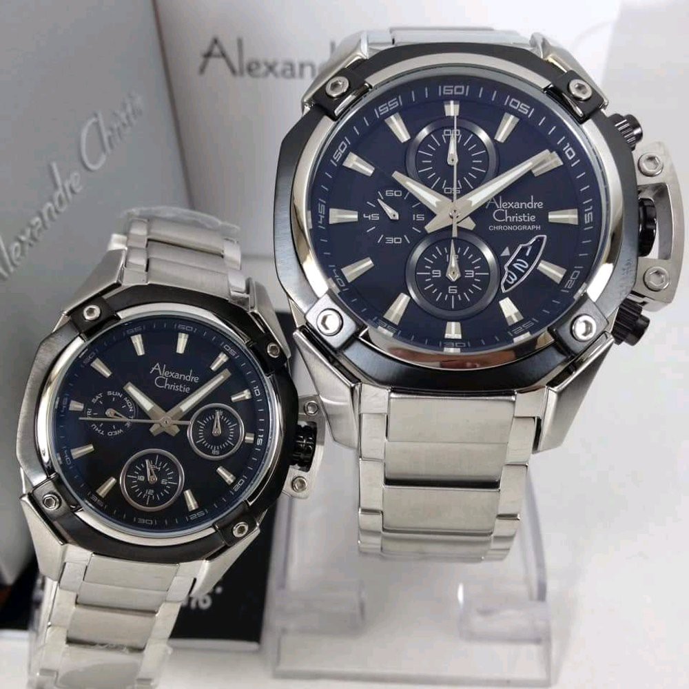 Jam Tangan Couple Alexandre Christie 6225 silver black  Original