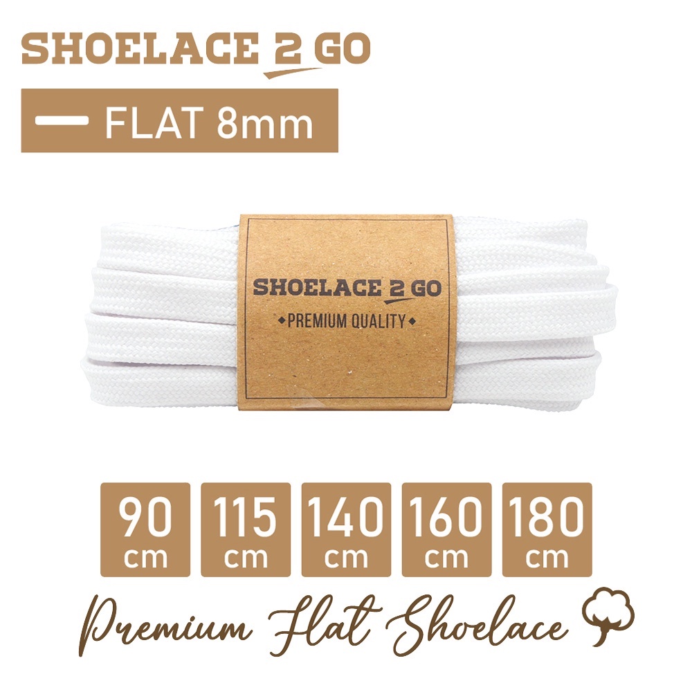 SHOELACE 2 GO PREMIUM TALI SEPATU GEPENG PIPIH FLAT - SF8 - A1 - WHITE - 8MM