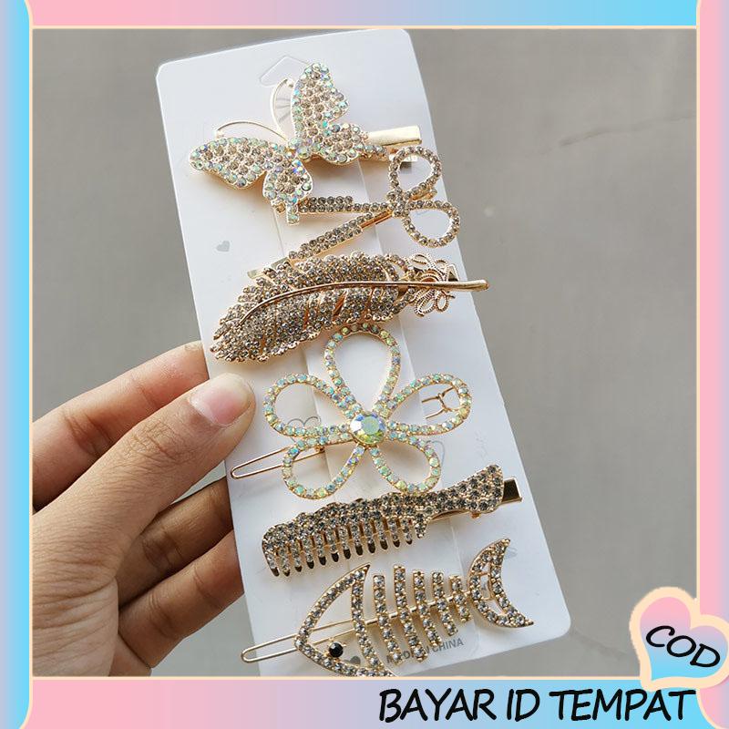 COD❤️ Fishbone Hairpin 6-Piece Set Aksesoris Rambut Vintage Set Dengan Diamond Pearl Edge Clip Bebek Paruh Clip-A.one